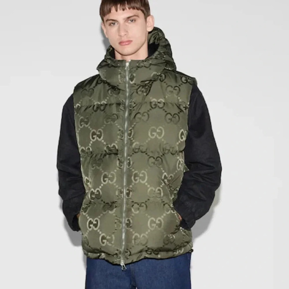 AUTHENTIC GUCCI JUMBO GG monogram CANVAS DOWN VEST green men’s hood puffer gilet - Picture 7 of 10